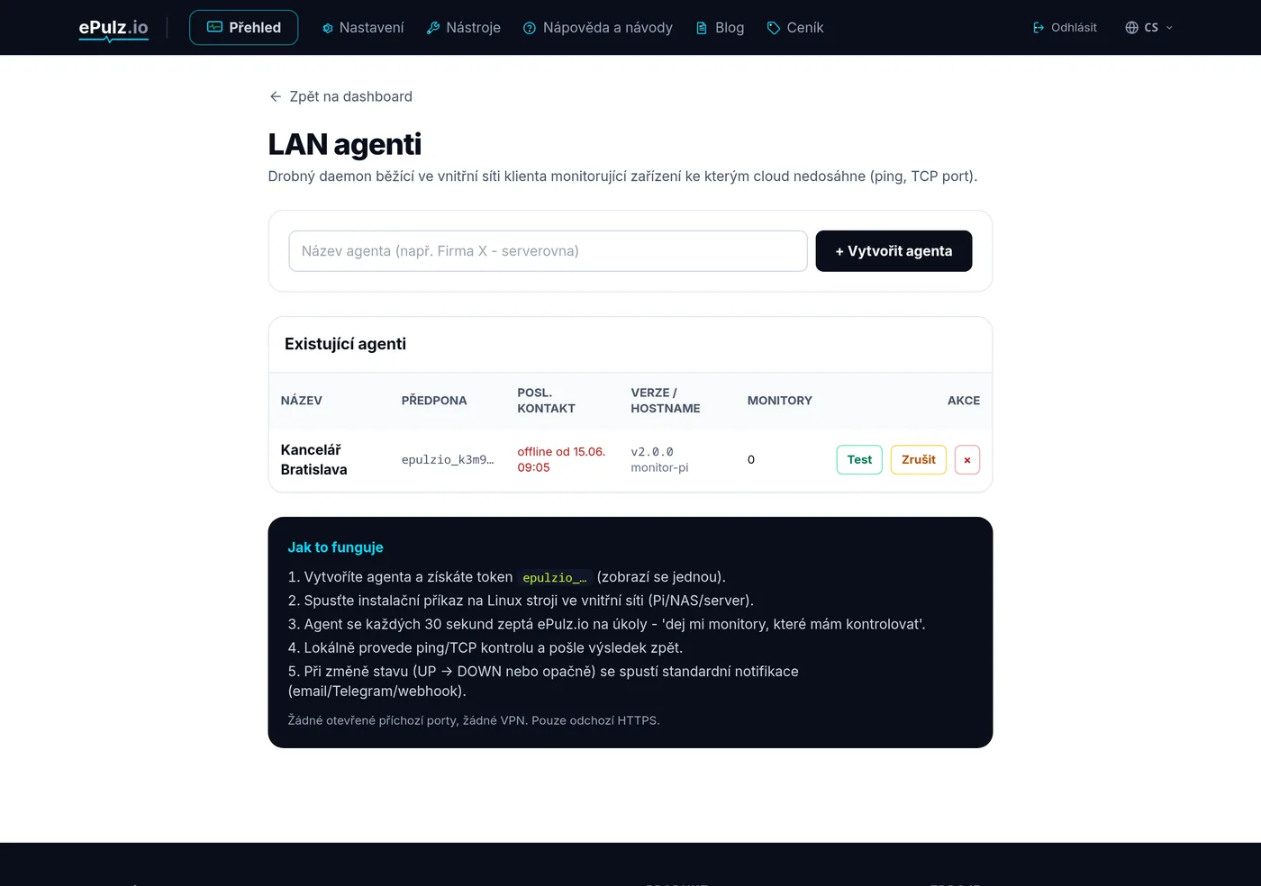 Seznam LAN agentů se stavem online v dashboardu ePulz.io