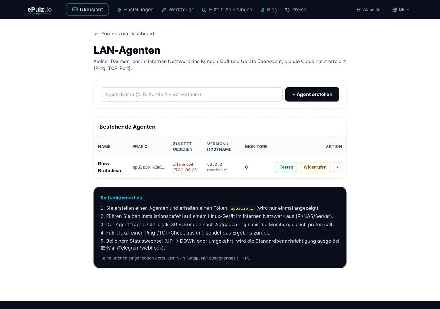 Liste der LAN-Agenten mit Status online im ePulz.io-Dashboard