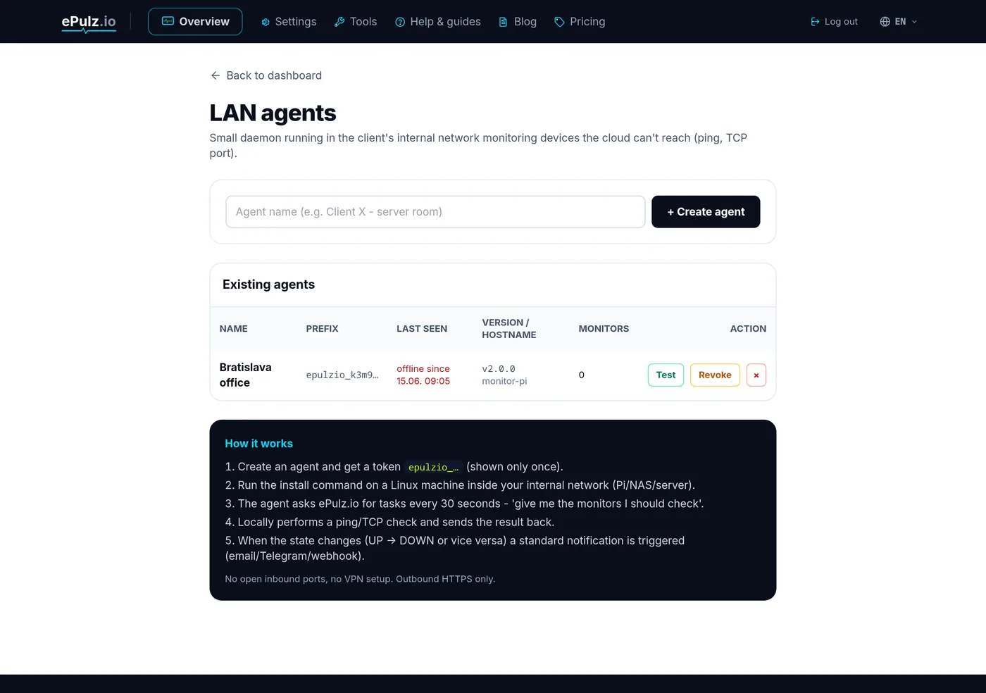 List of LAN agents with online status in the ePulz.io dashboard
