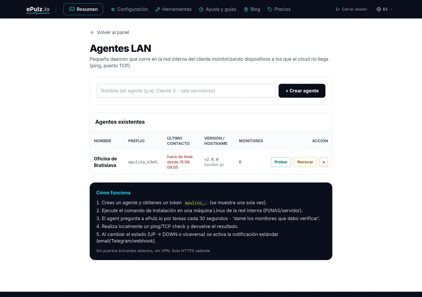 Lista de agentes LAN con estado en línea en el panel de ePulz.io