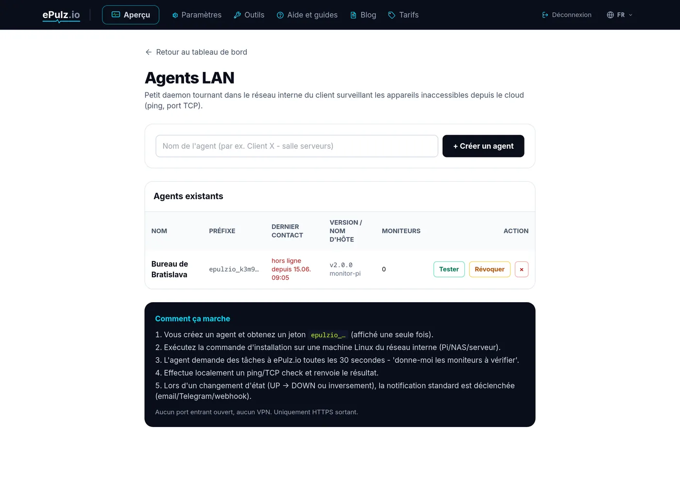 Liste des agents LAN avec l'état en ligne dans le tableau de bord ePulz.io