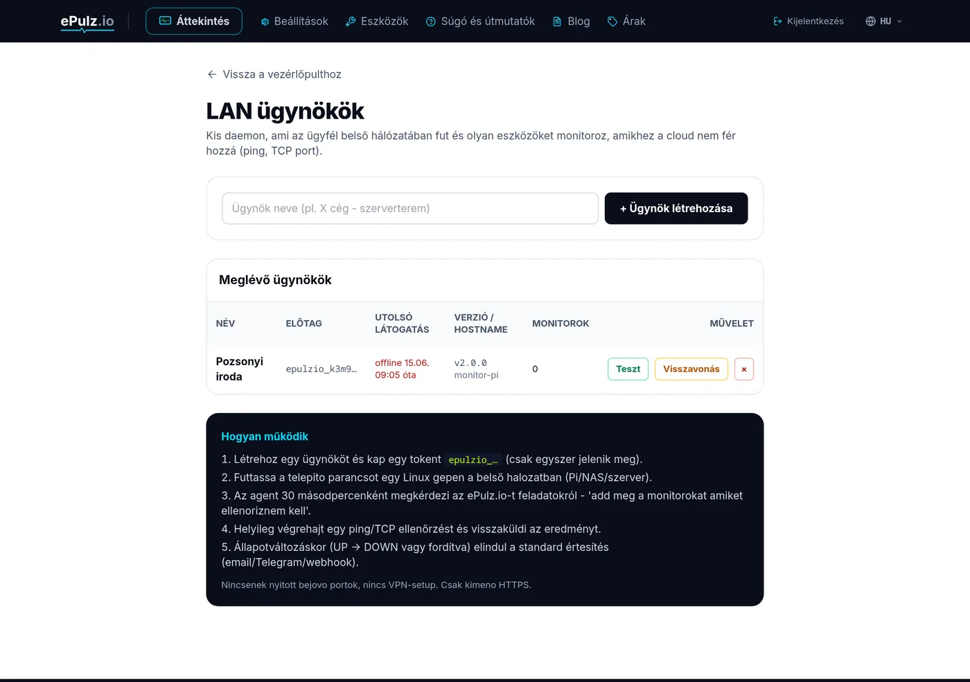 A LAN-ügynökök listája online állapottal az ePulz.io irányítópultján