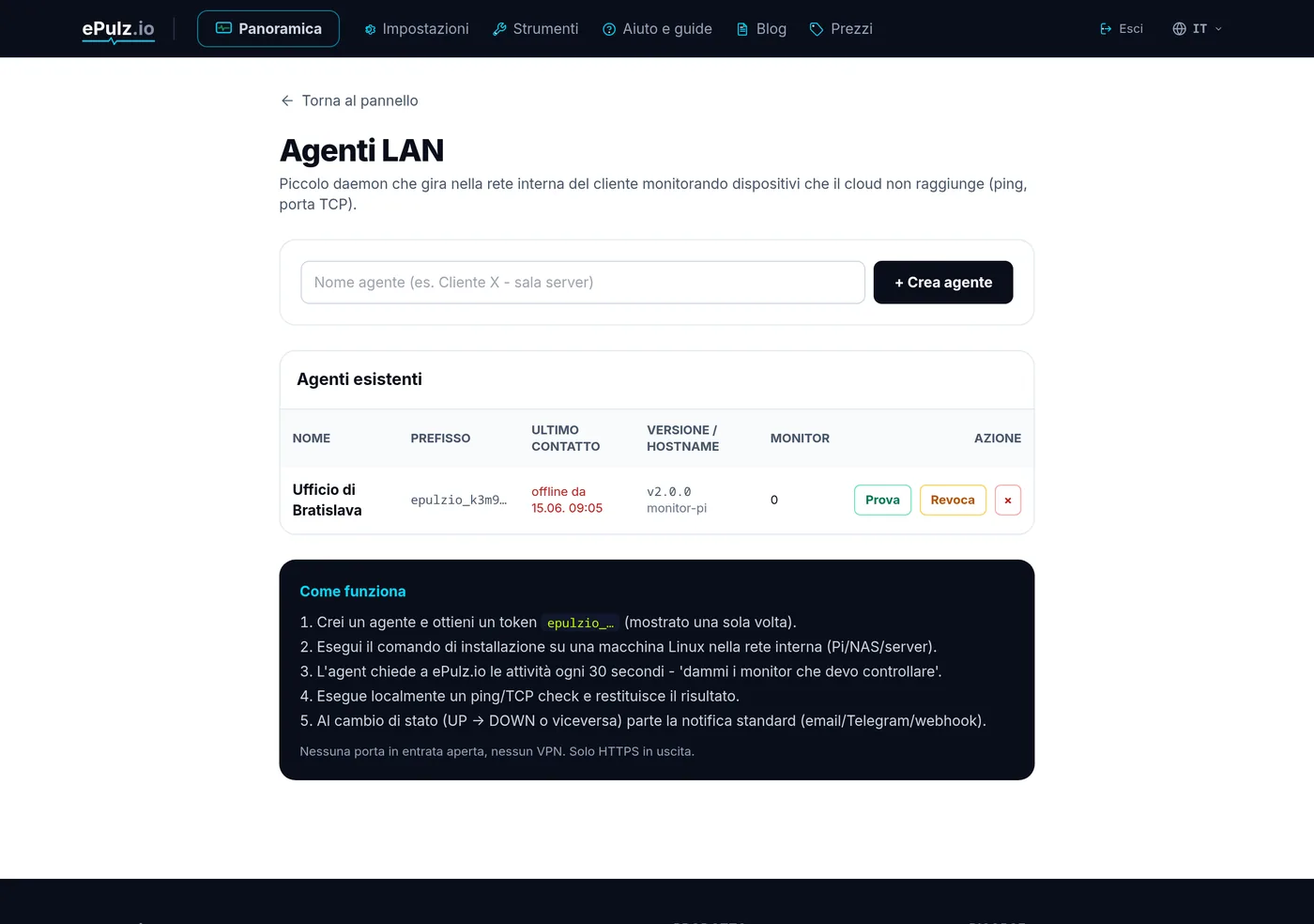 Elenco degli agenti LAN con stato online nella dashboard di ePulz.io