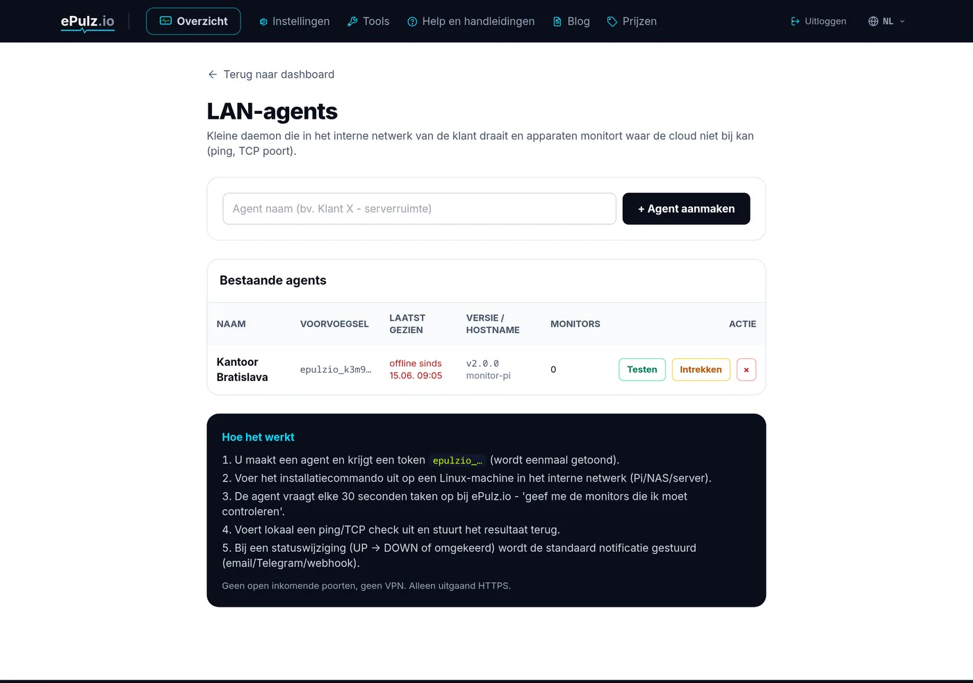 Lijst met LAN-agenten met status online in het ePulz.io-dashboard