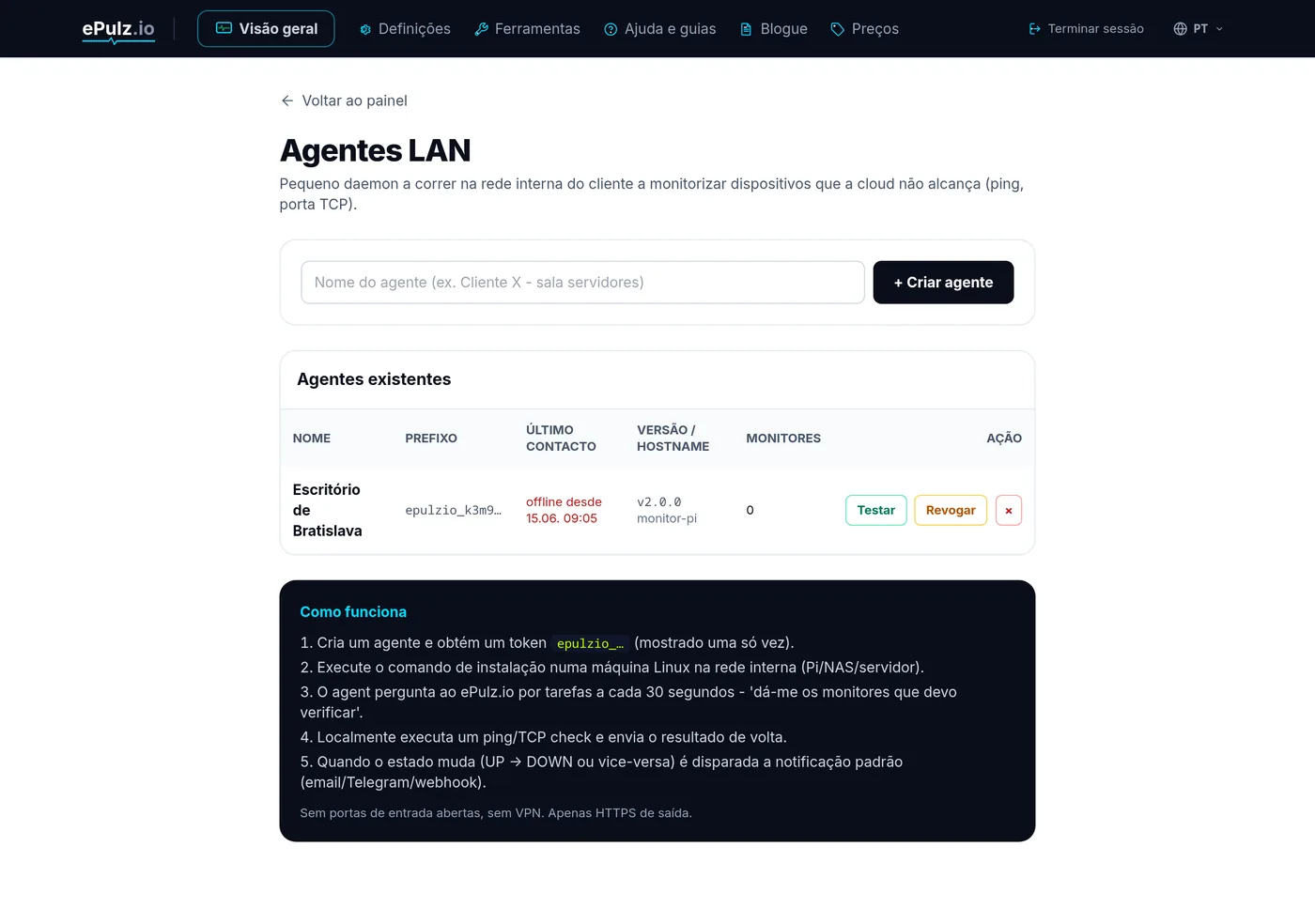 Lista de agentes LAN com estado online no painel da ePulz.io