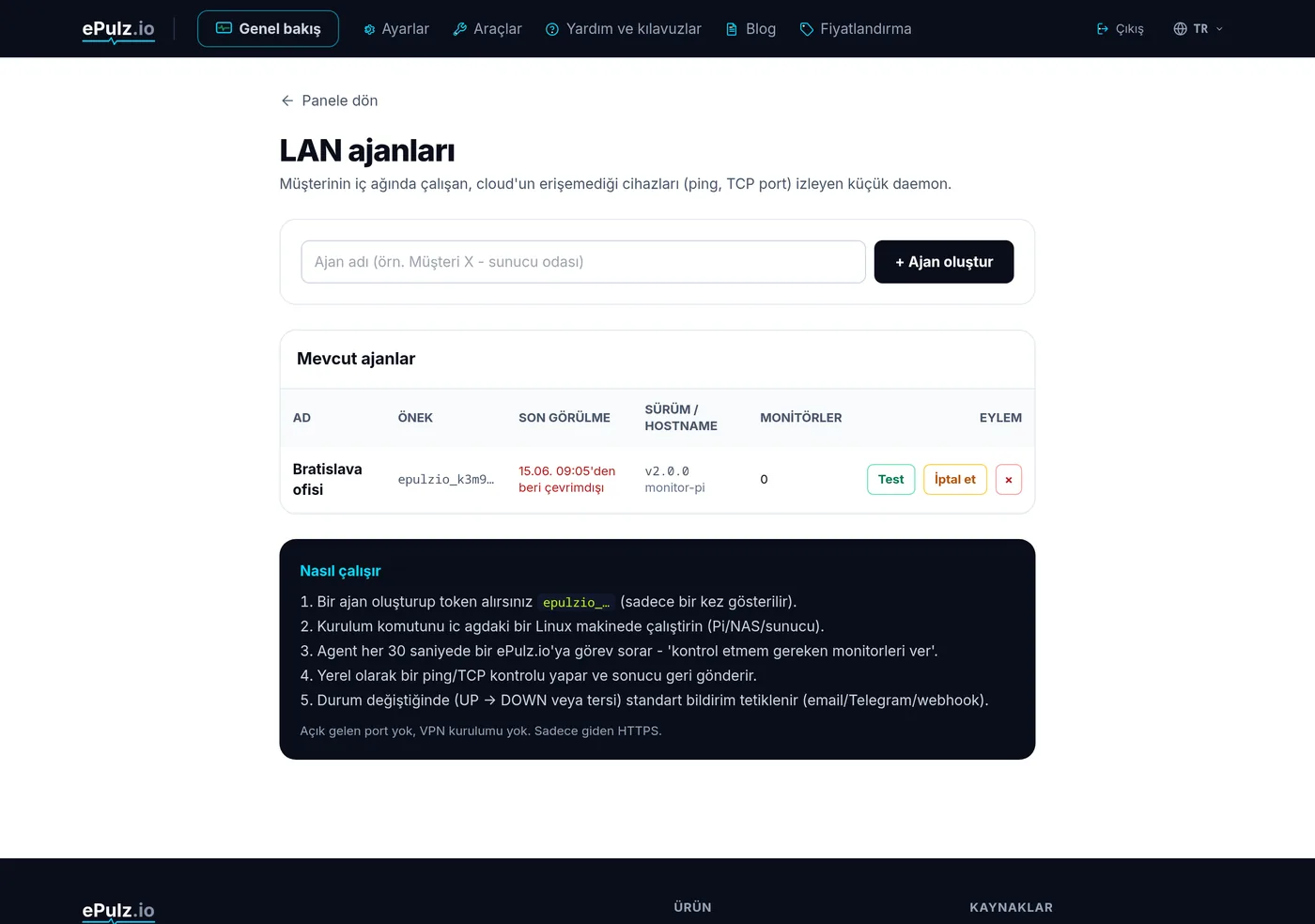 ePulz.io panosunda çevrimiçi durumlu LAN aracıları listesi