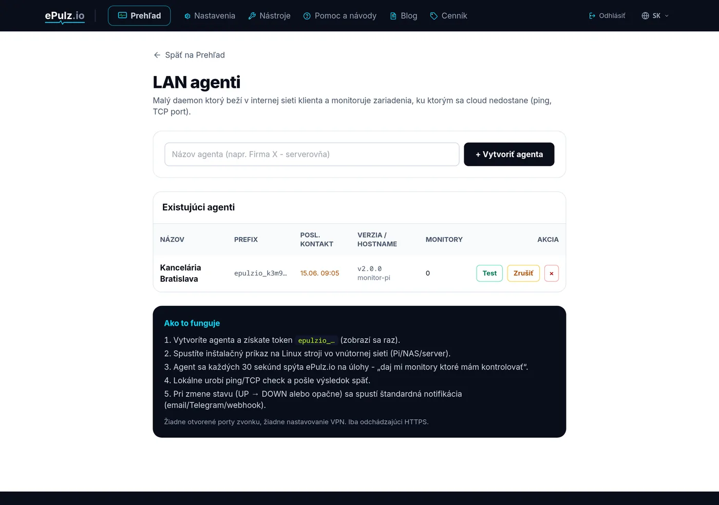Zoznam LAN agentov so stavom online v dashboarde ePulz.io