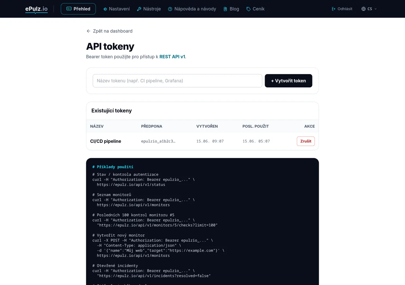 Seznam API tokenů s časem posledního použití
