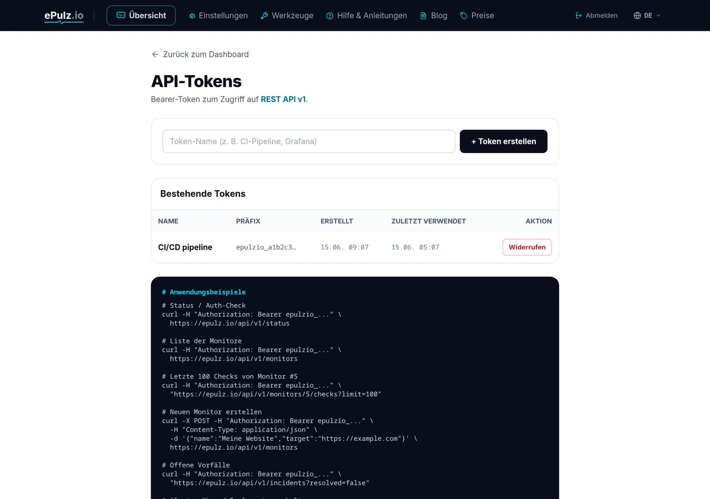 Liste der API-Tokens mit dem Zeitpunkt der letzten Verwendung