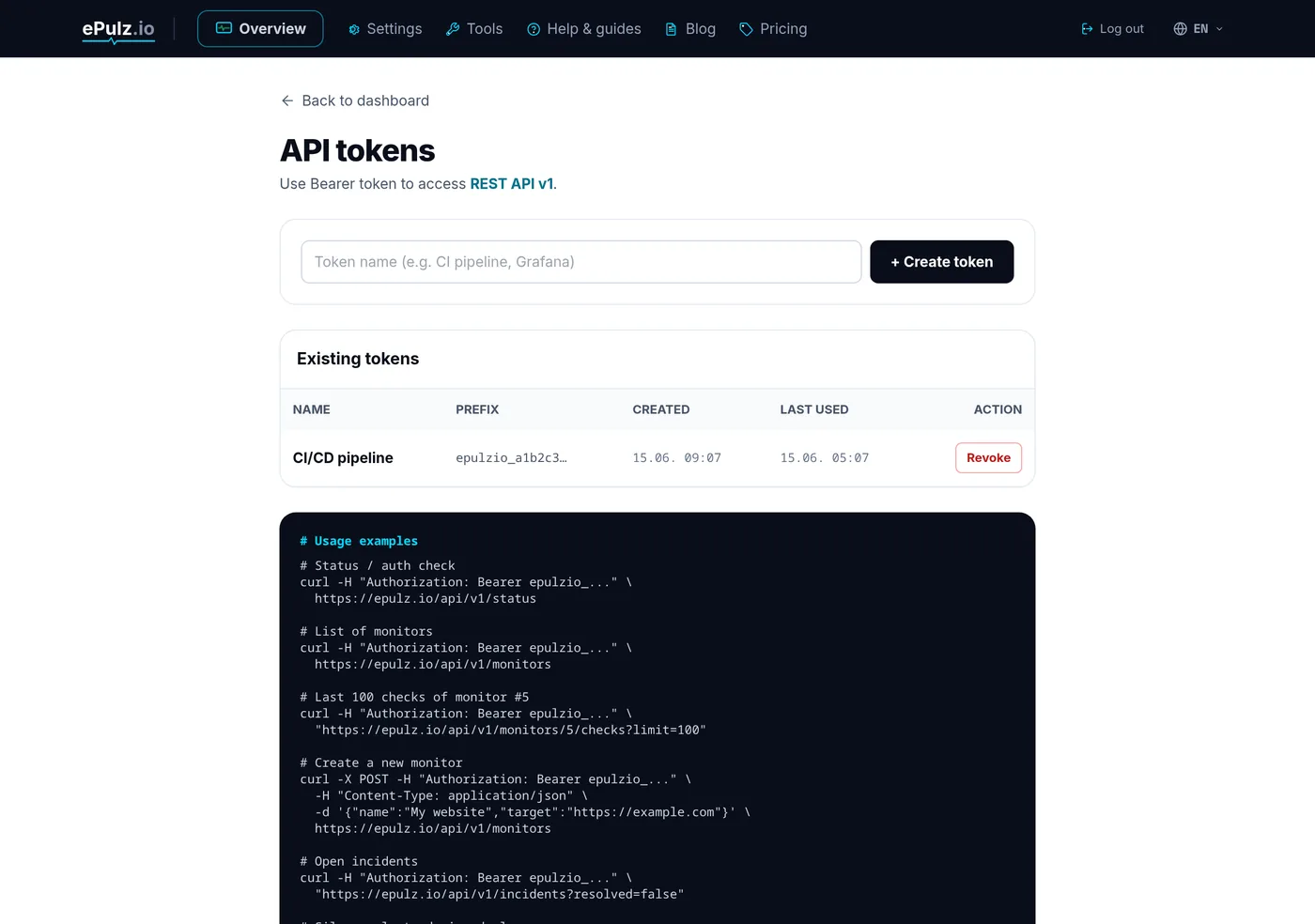 API token management - epulzio_ prefix and last use
