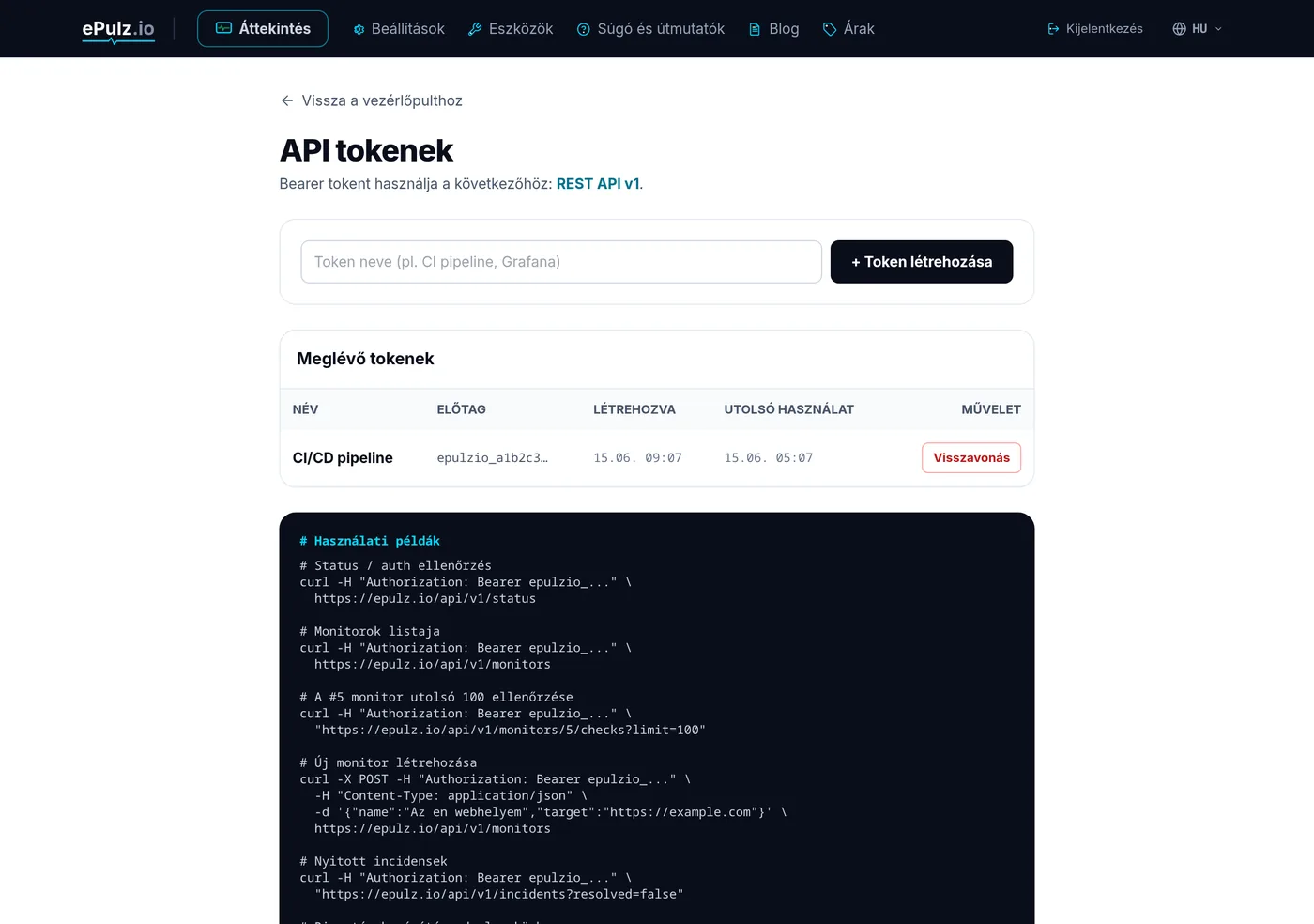 API tokenek kezelése - epulzio_ előtag és utolsó használat
