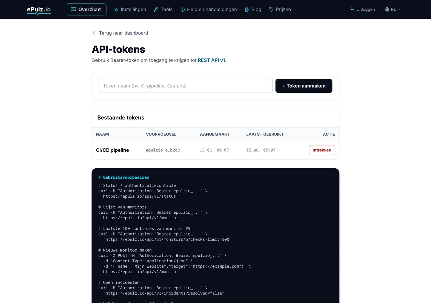 Lijst met API-tokens met het tijdstip van laatste gebruik