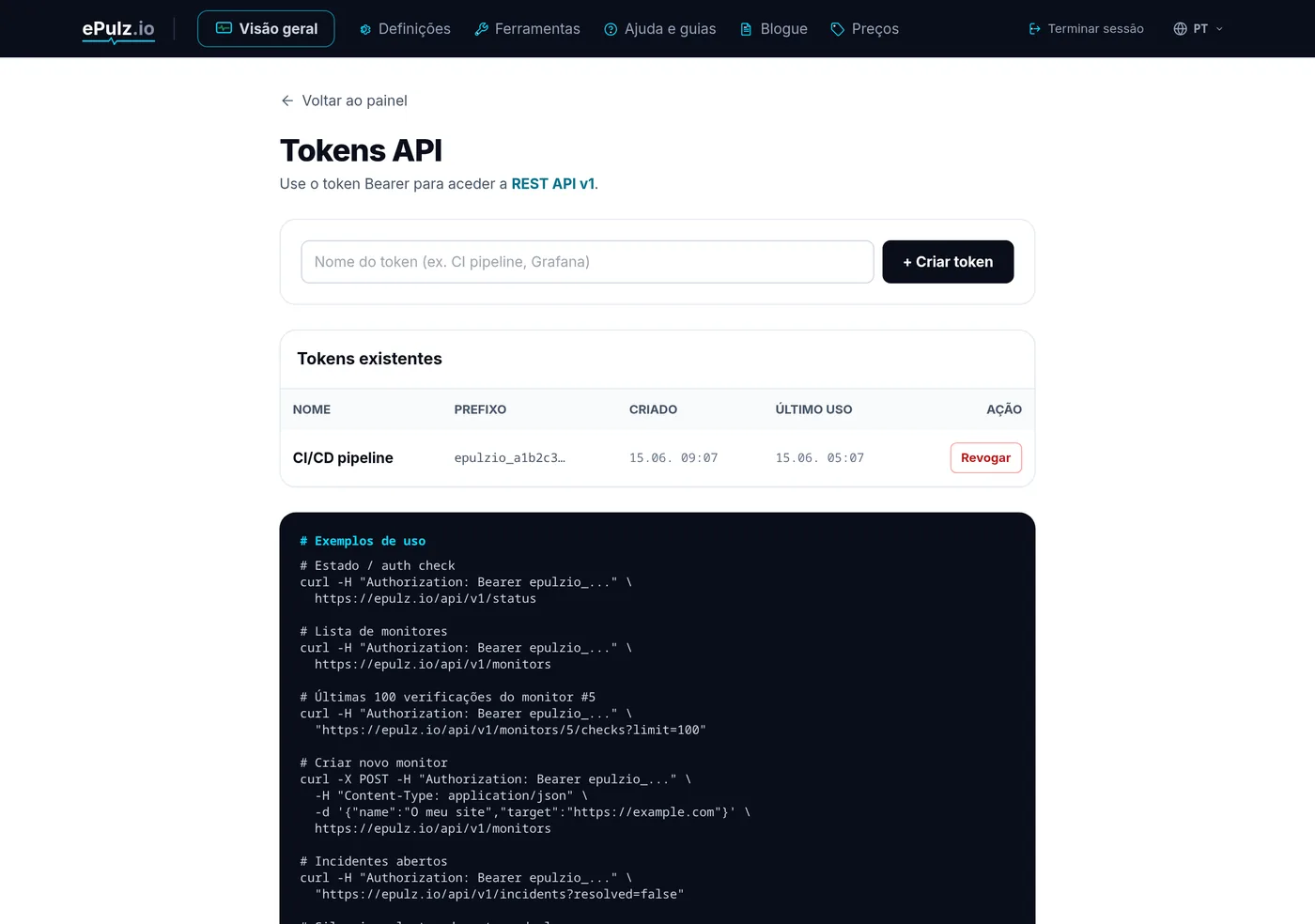 Lista de tokens da API com a hora da última utilização
