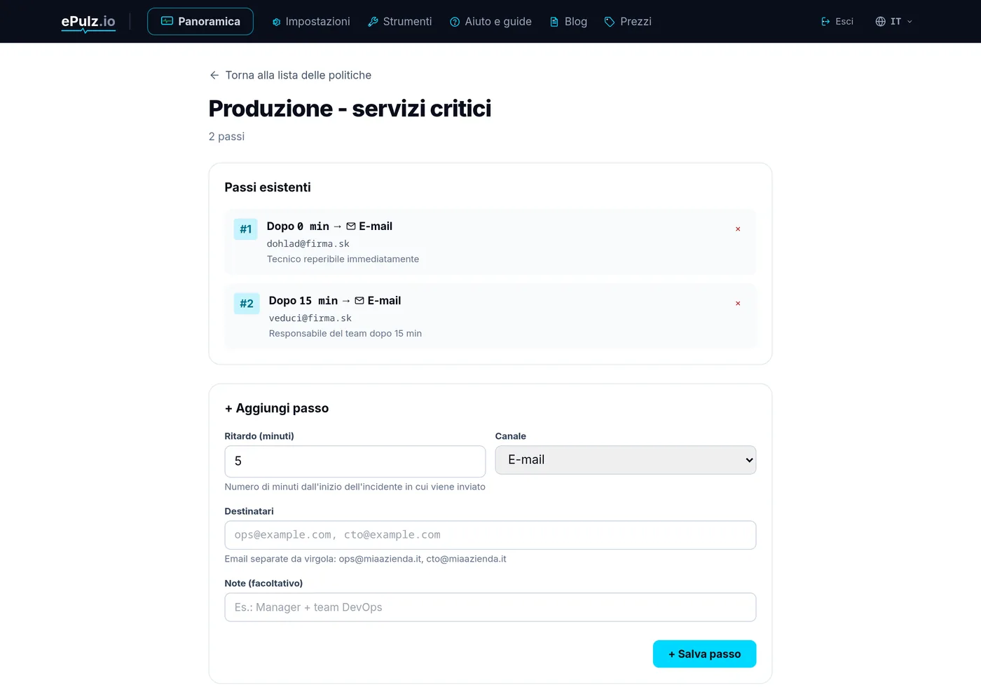 Editor della policy di escalation con passaggi, ritardo e destinatari