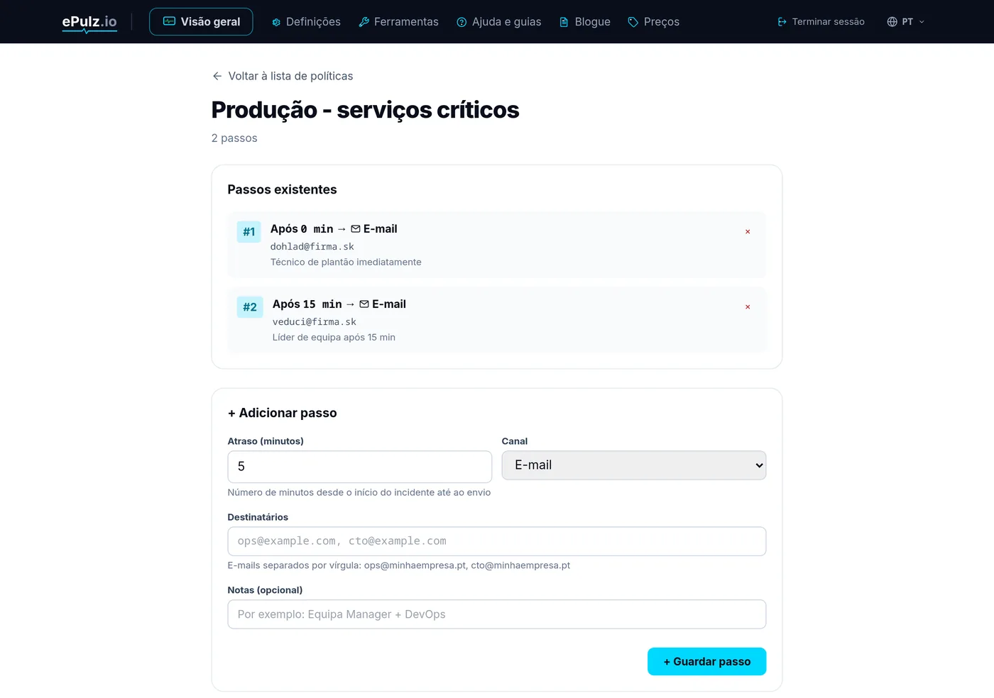 Editor da política de escalonamento com passos, atraso e destinatários