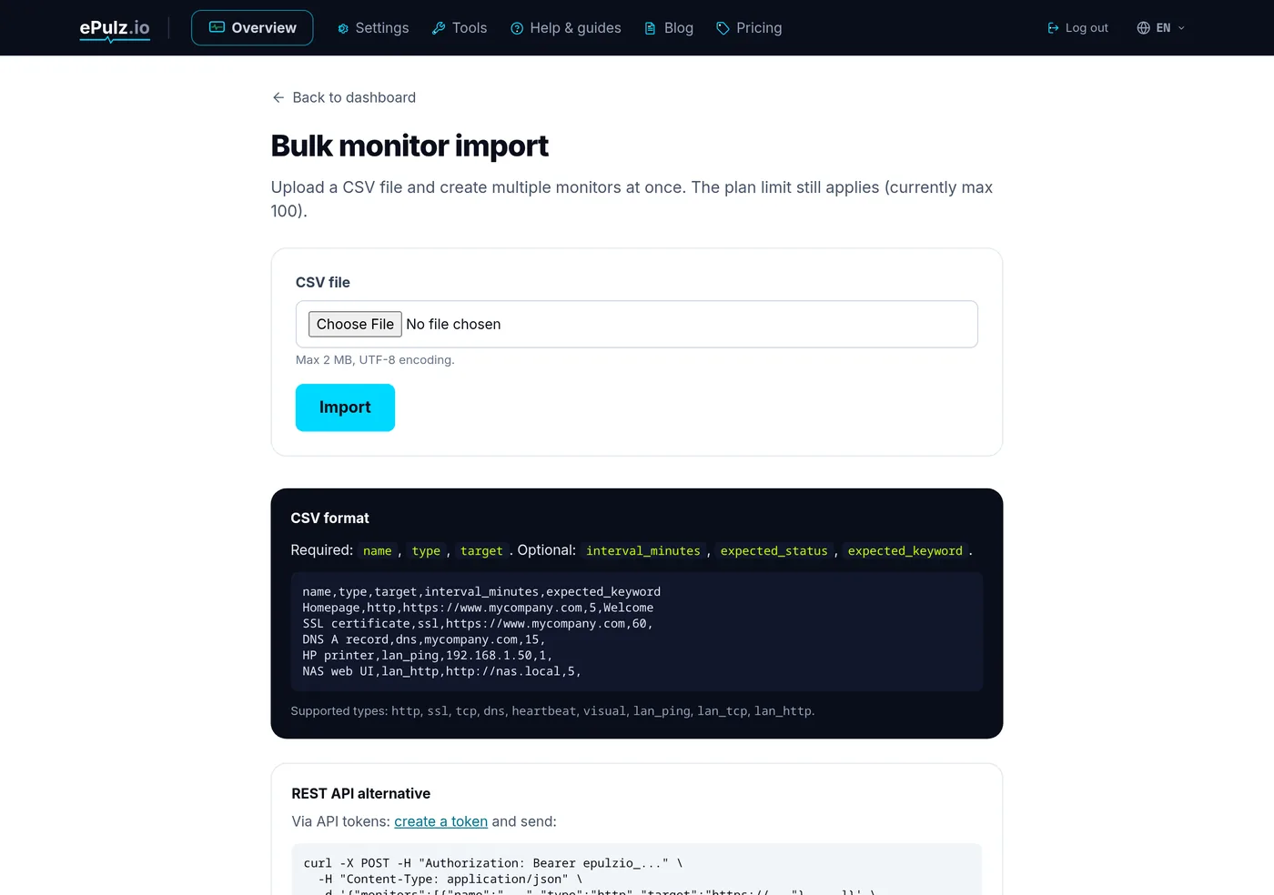Bulk CSV monitor import page