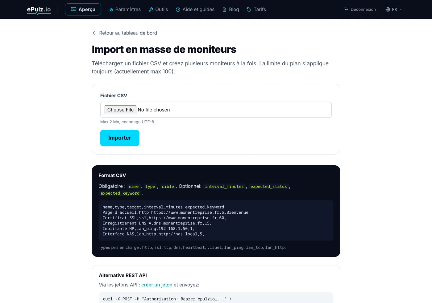 Page d'import CSV en masse des moniteurs