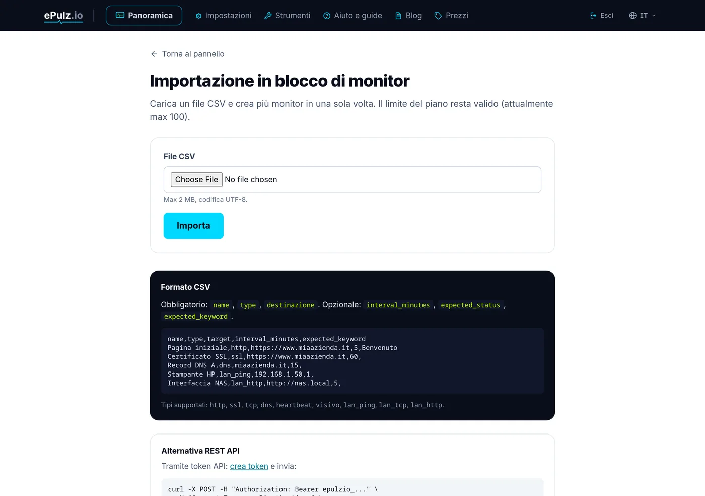 Pagina di importazione in blocco dei monitor da CSV