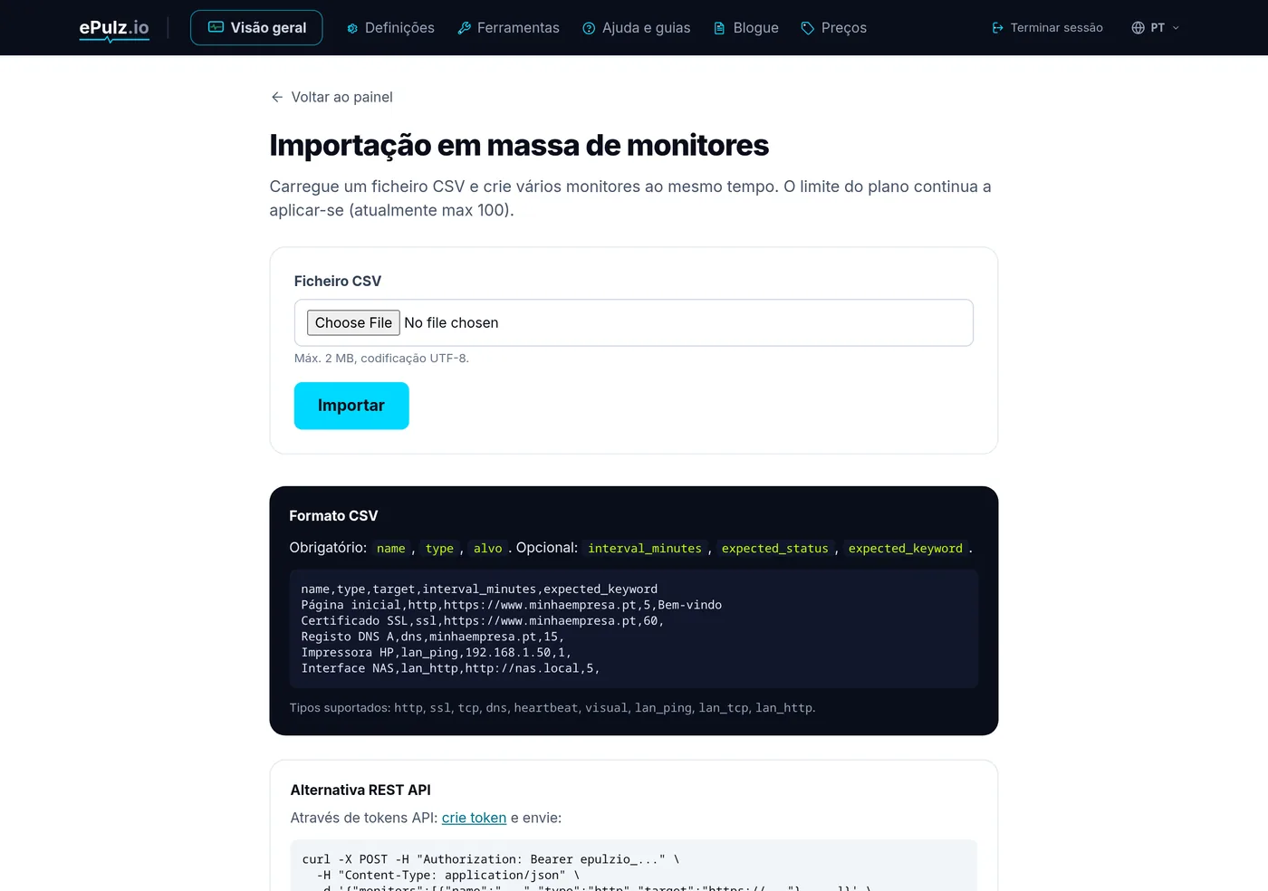 Página de importação em massa de monitores por CSV