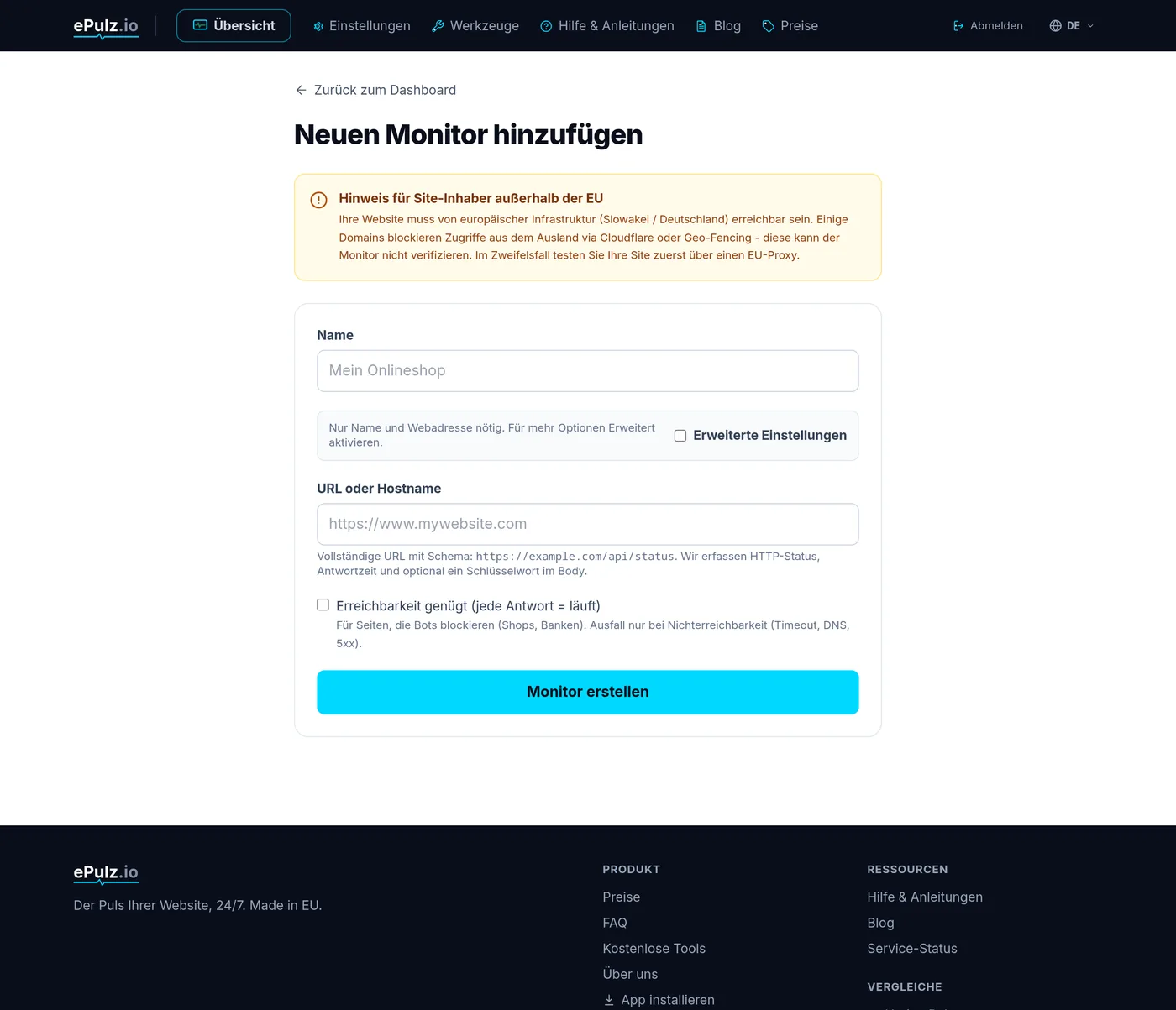 Formular für einen neuen Monitor - Auswahl des Typs, Adresse und Intervall