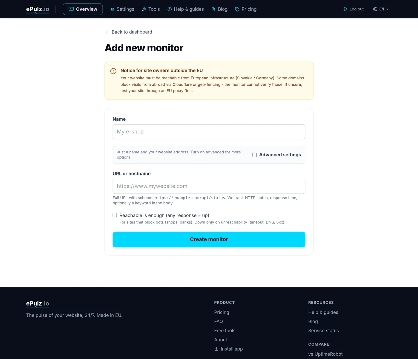 New monitor form in ePulz.io