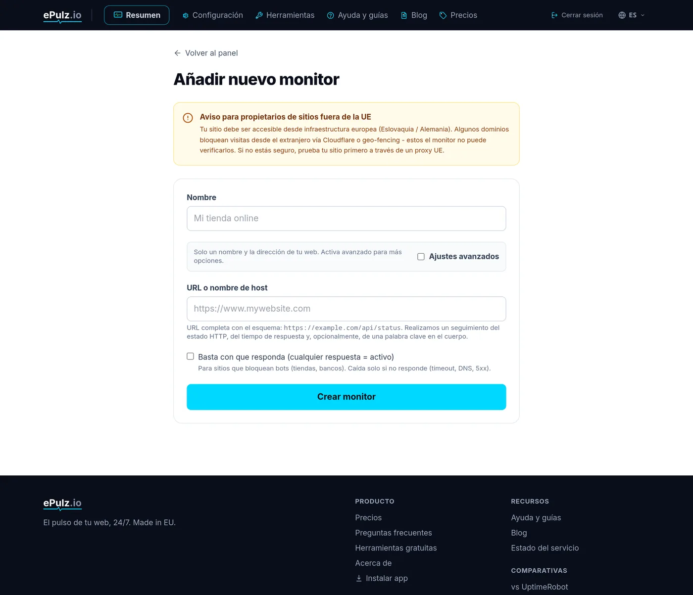 Formulario de nuevo monitor en ePulz.io