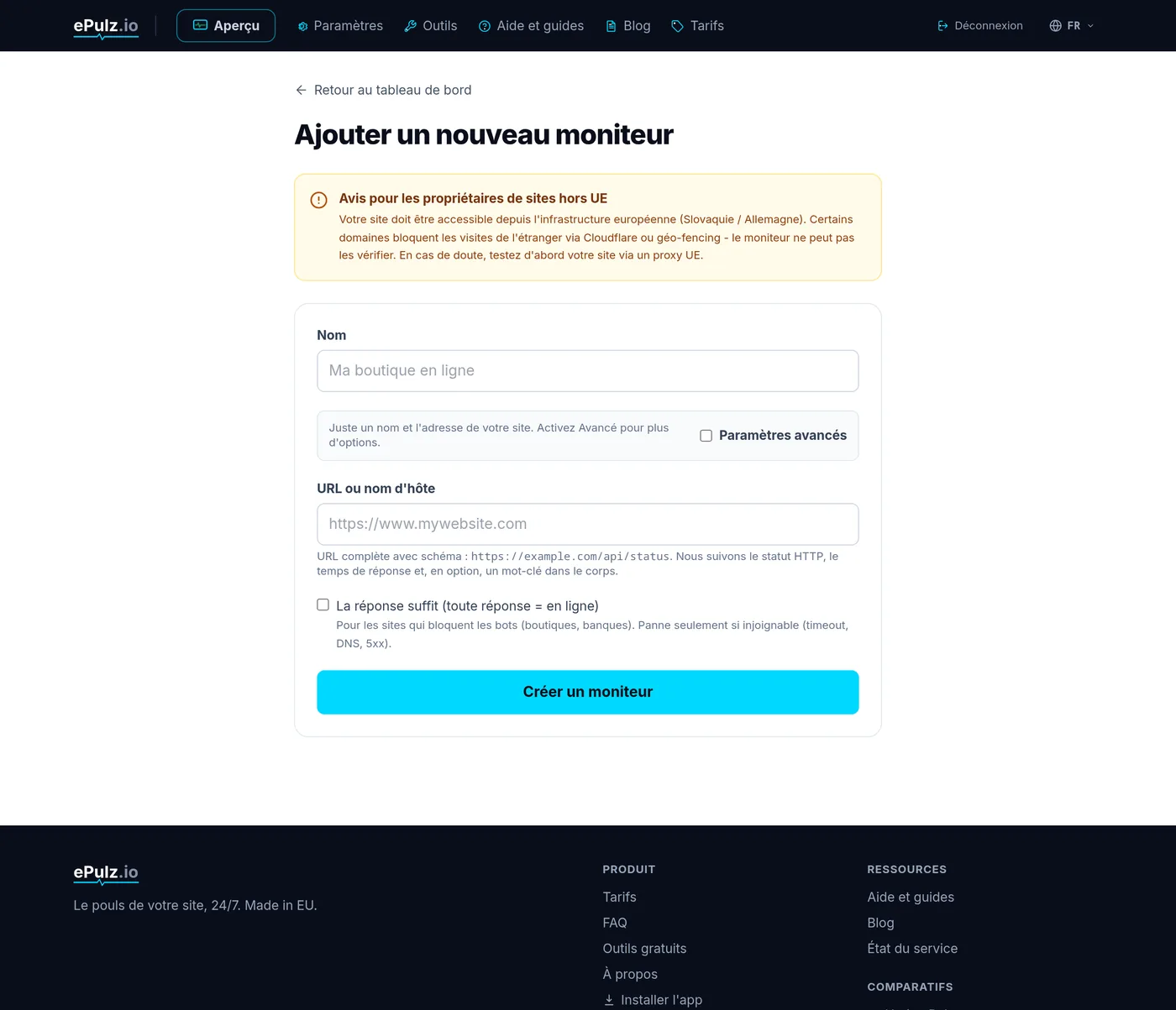 Formulaire de nouveau moniteur dans ePulz.io