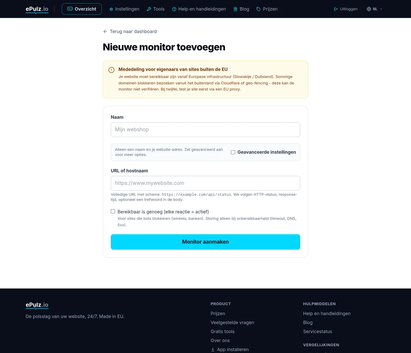 Formulier voor nieuwe monitor in ePulz.io