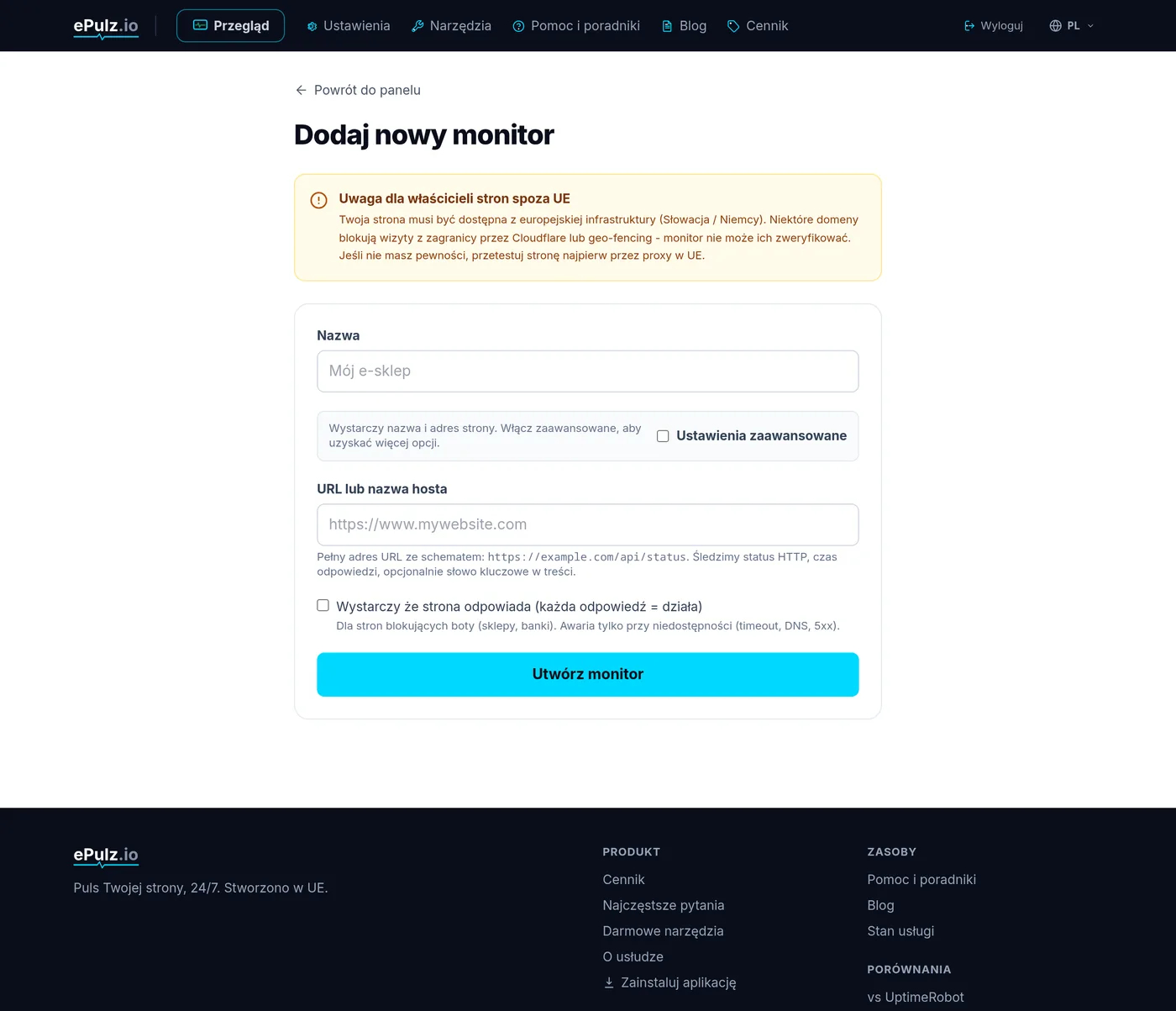 Formularz nowego monitora w ePulz.io