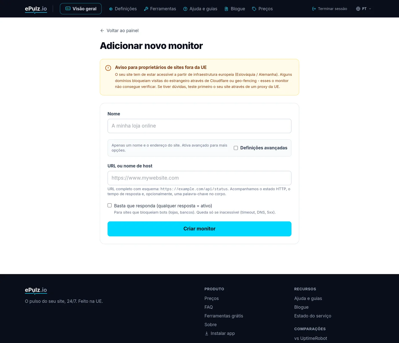 Formulário de novo monitor no ePulz.io