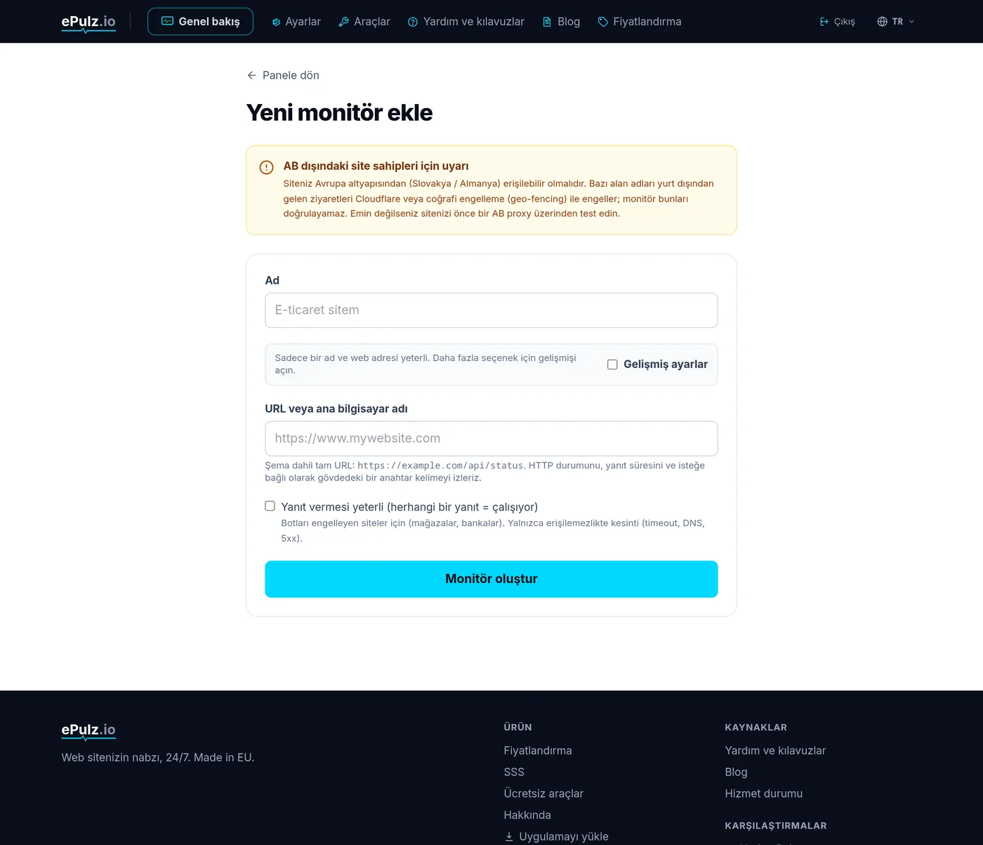 ePulz.io'da yeni monitör formu