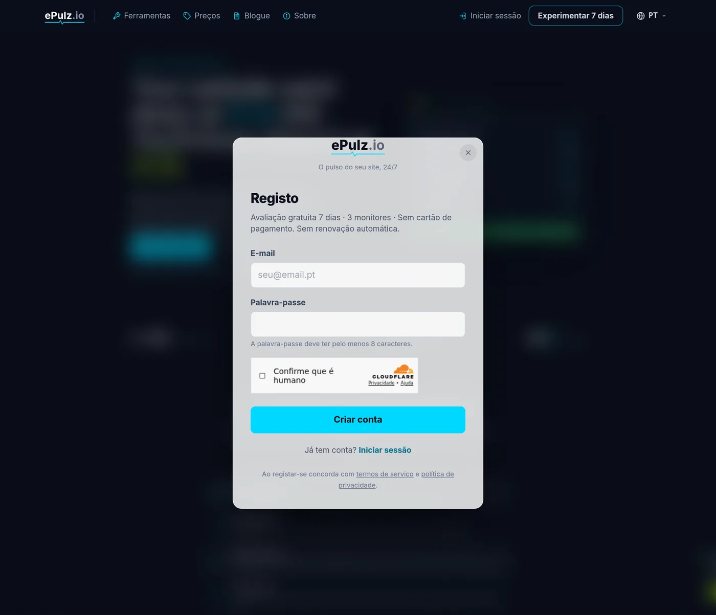 Formulário de registo da ePulz.io