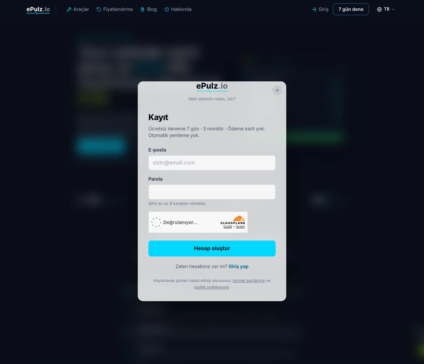 ePulz.io kayıt formu