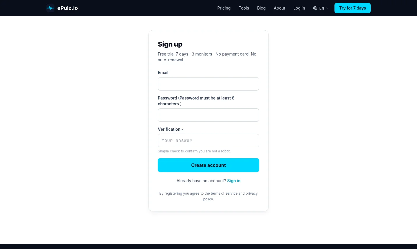 Registrační formulář ePulz.io