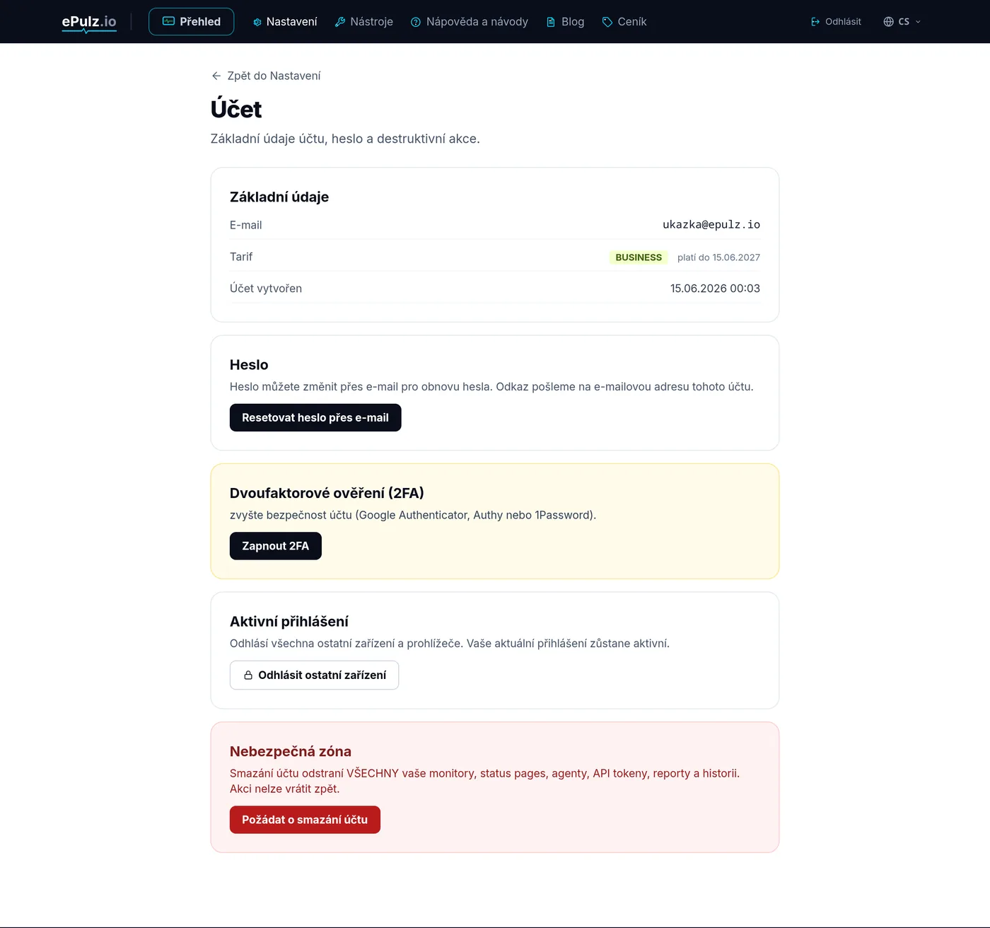 Nastavení účtu - e-mail, heslo, 2FA a důvěryhodná zařízení