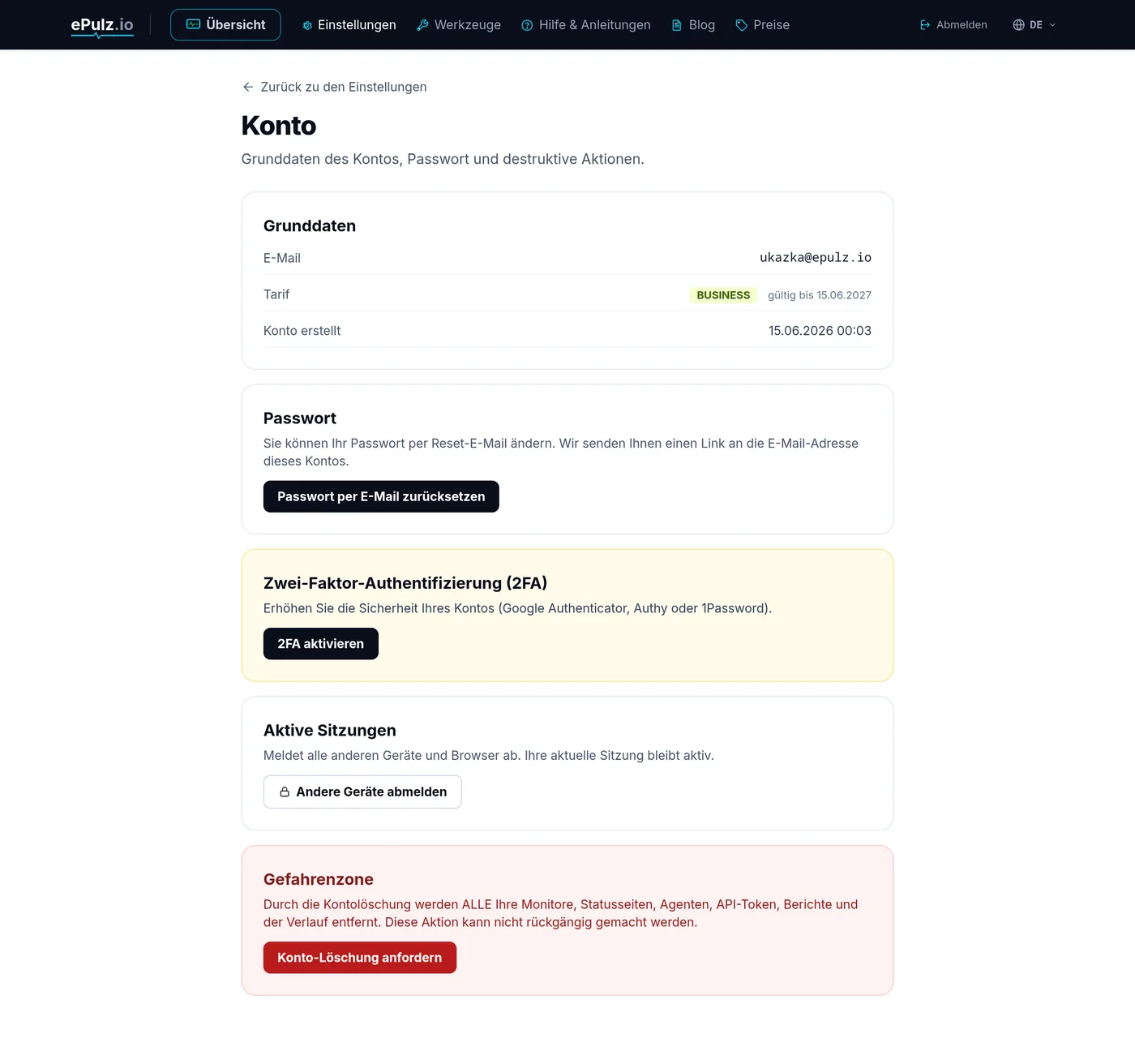 Kontoeinstellungen - E-Mail, Passwort, 2FA und vertrauenswürdige Geräte
