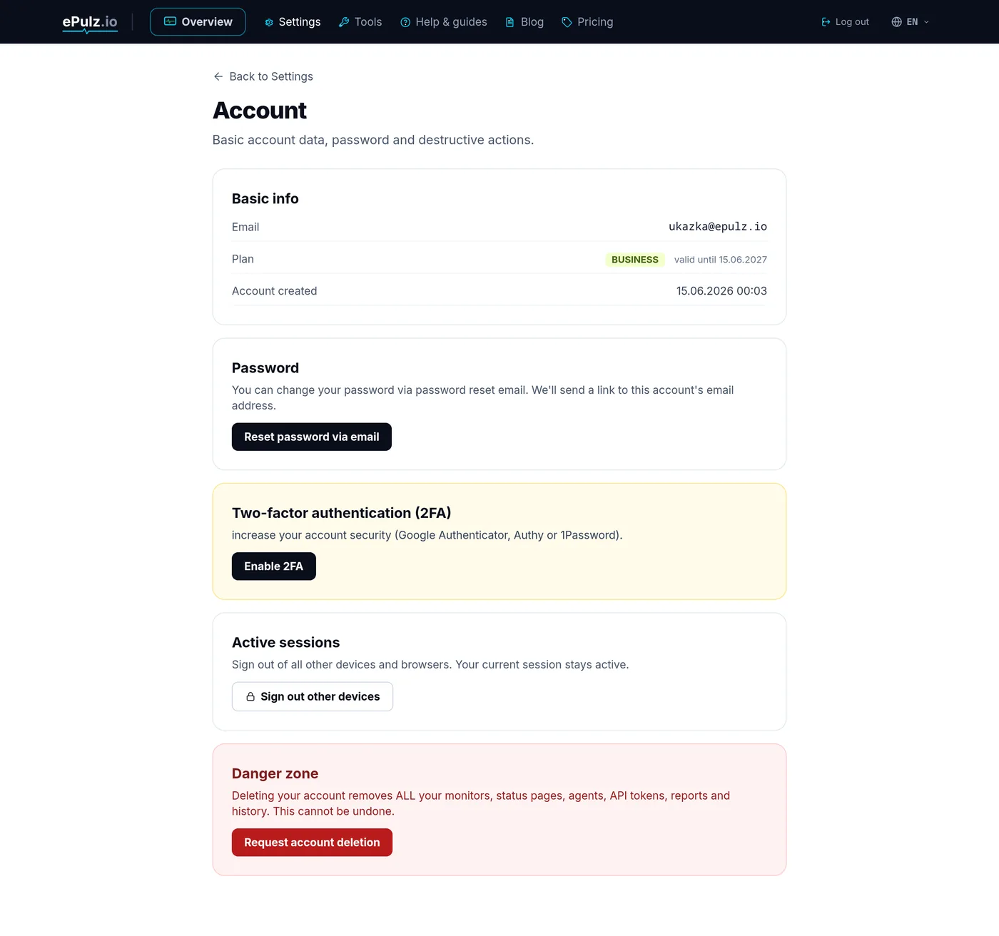 Account settings - changing e-mail, password and 2FA