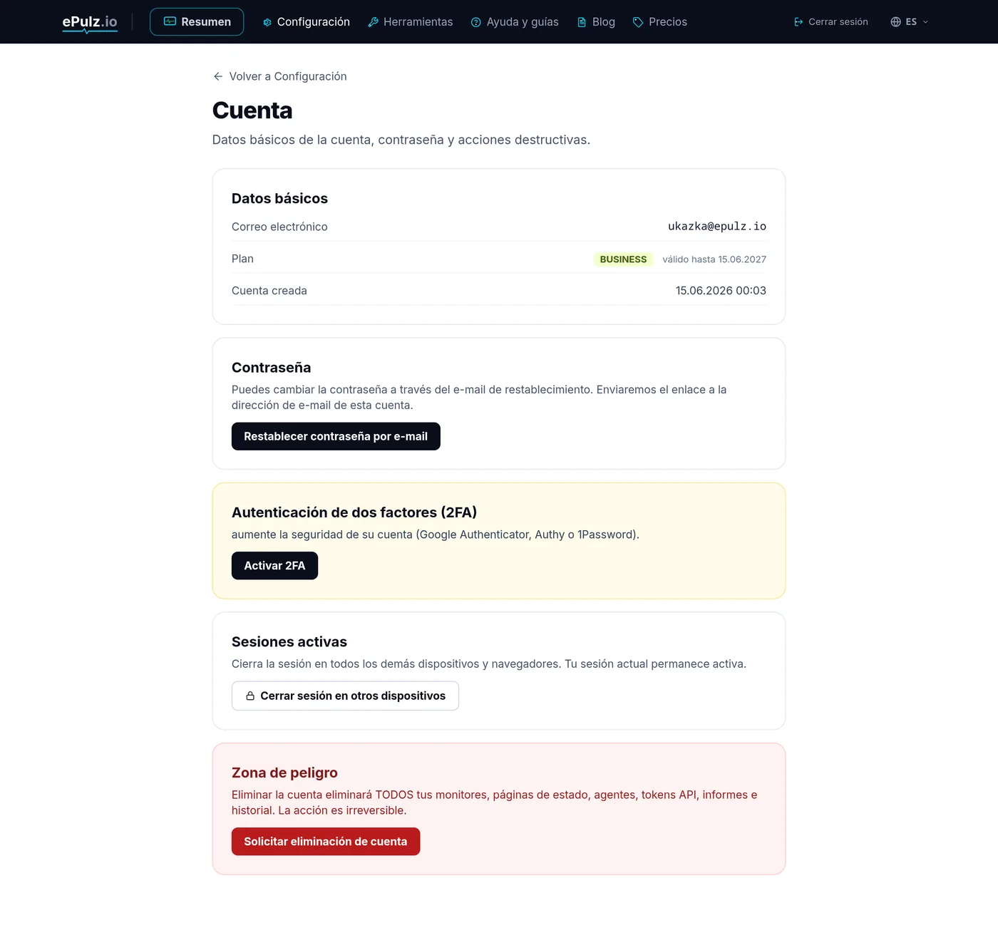 Ajustes de la cuenta - correo electrónico, contraseña, 2FA y dispositivos de confianza