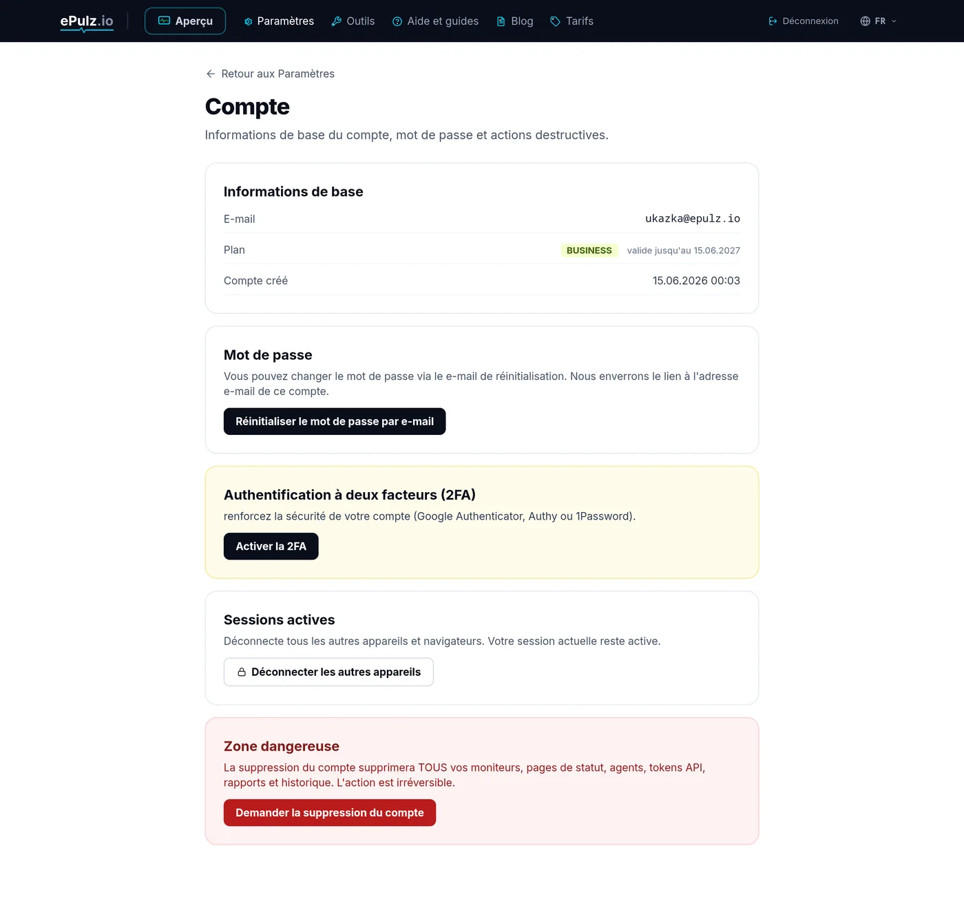 Paramètres du compte - modification de l'e-mail, du mot de passe et de la 2FA
