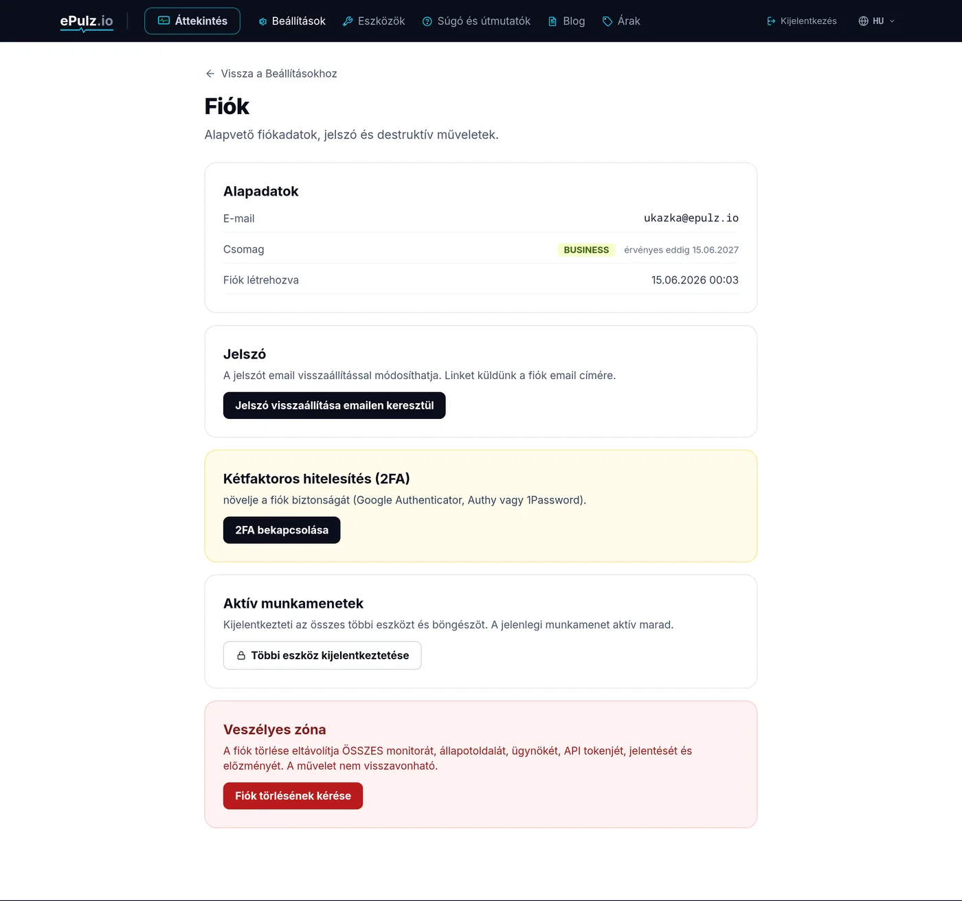 Fiókbeállítások - e-mail, jelszó, 2FA és megbízható eszközök