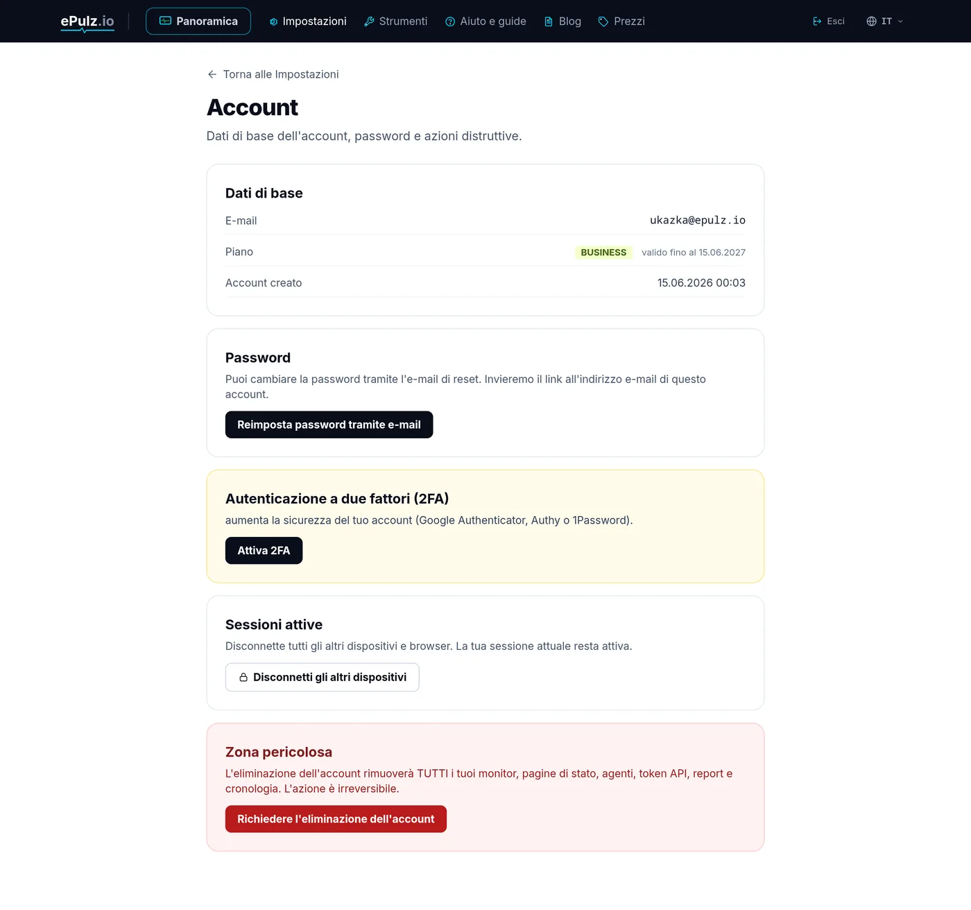 Impostazioni dell'account - e-mail, password, 2FA e dispositivi attendibili