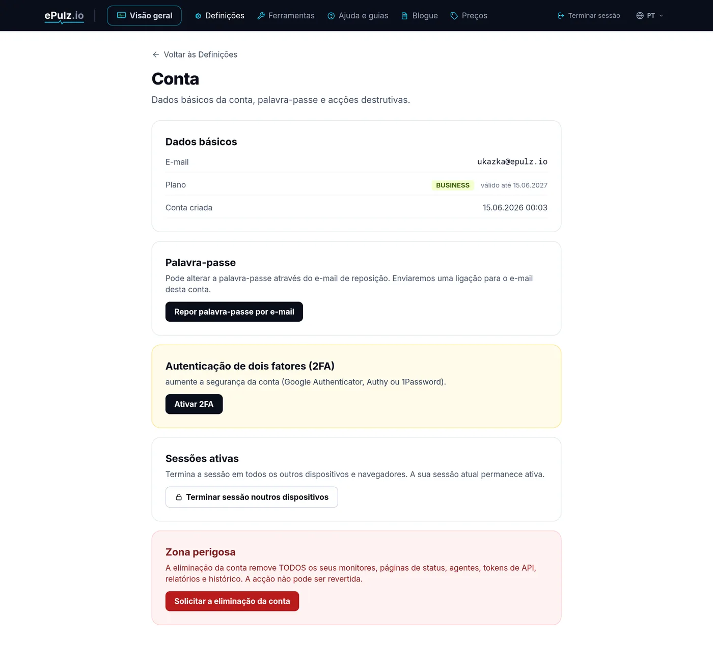 Definições da conta - alteração de e-mail, palavra-passe e 2FA