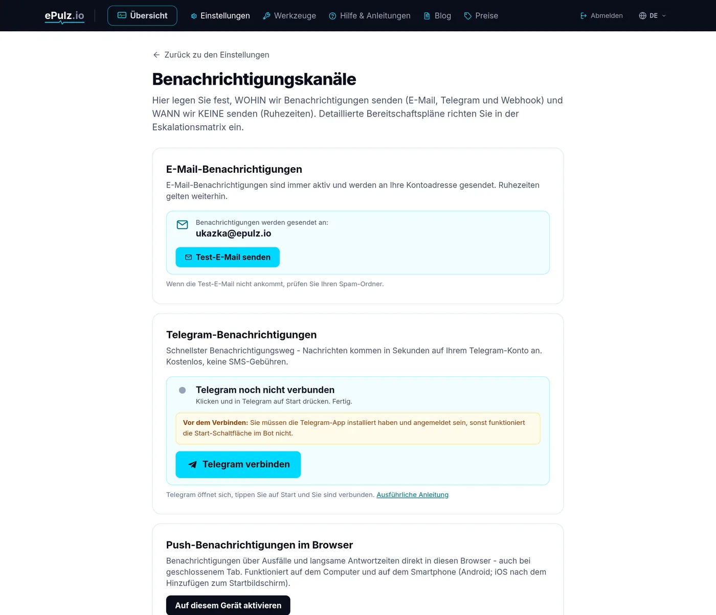 Benachrichtigungseinstellungen in ePulz.io