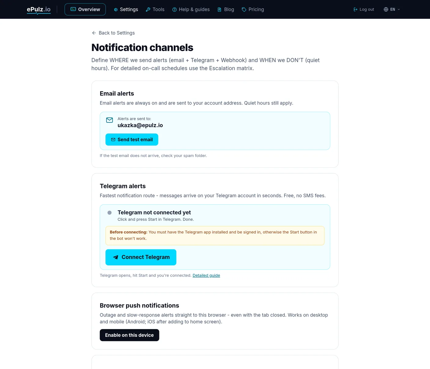 Notification settings in ePulz.io