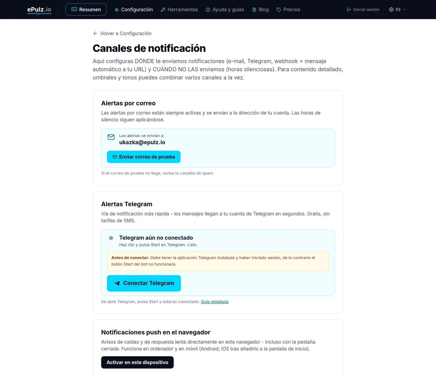 Configuración de notificaciones en ePulz.io