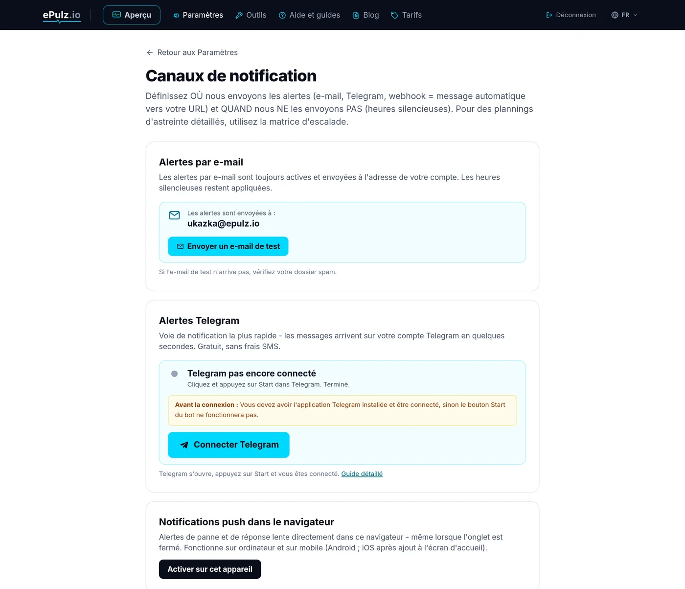 Paramètres de notifications dans ePulz.io