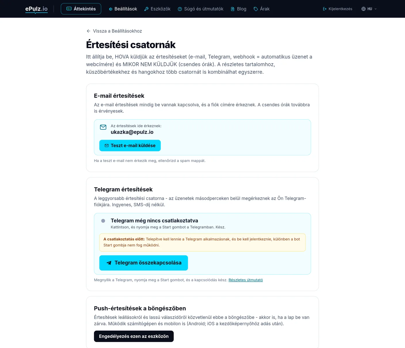 Értesítési beállítások az ePulz.io-ban