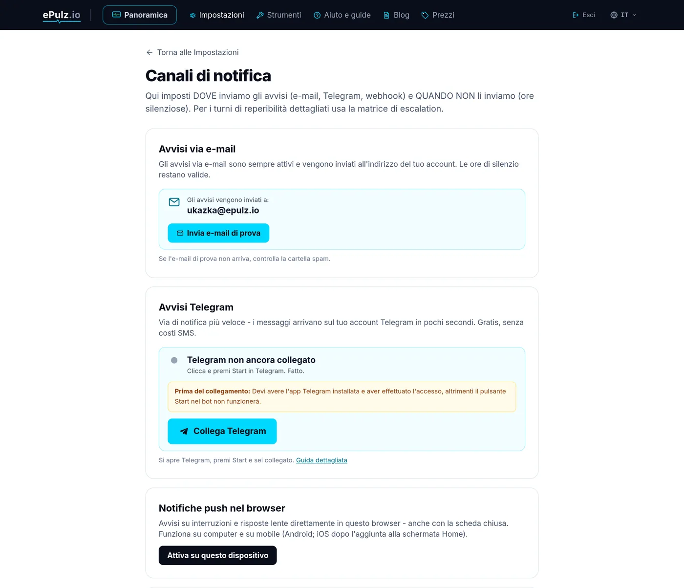 Impostazioni delle notifiche in ePulz.io