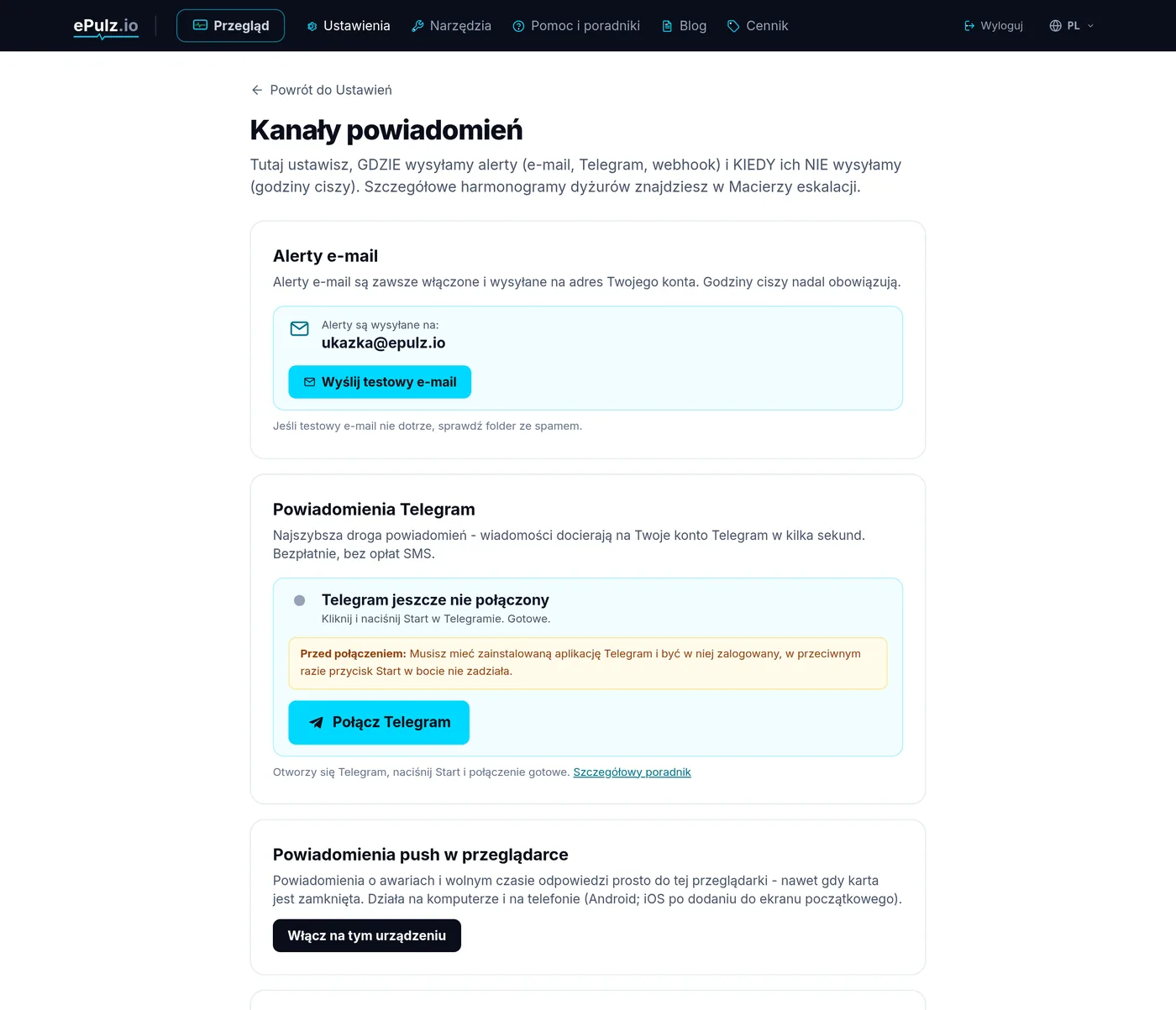 Ustawienia powiadomień w ePulz.io