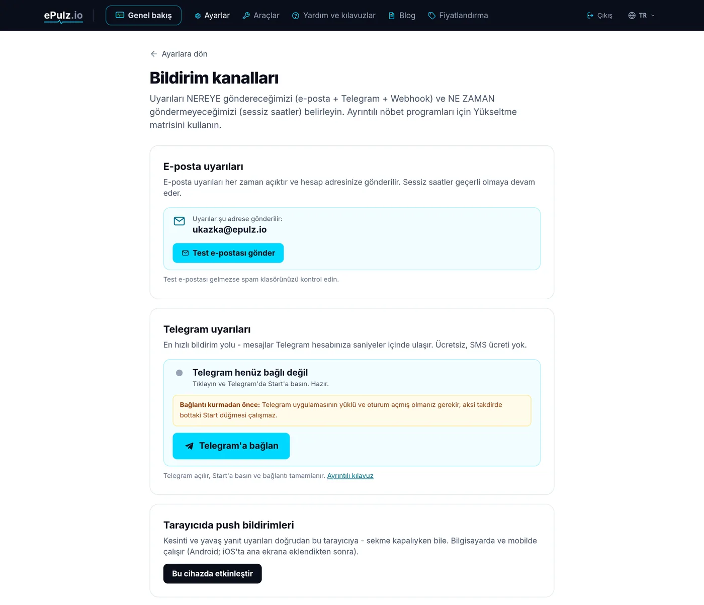 ePulz.io bildirim ayarları